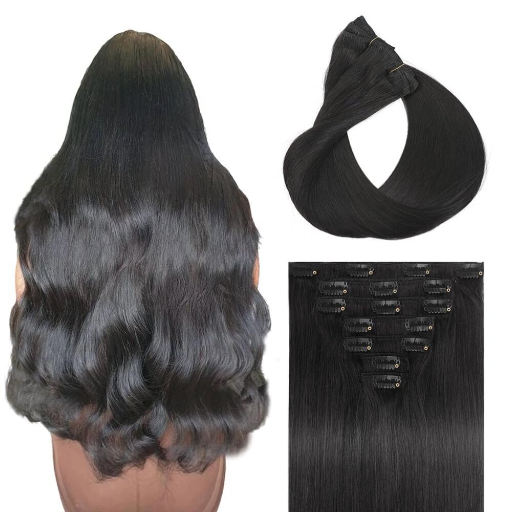 Real Human Hair Extensions 16 Inch Black Clip In Voluminous Thick Style